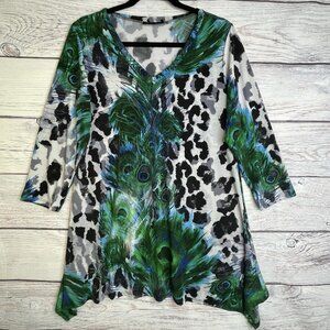 Sea & Anchor Top L/XL Peacock Animal Print BOHO Whimsical Fairy Asymmetrical Hem